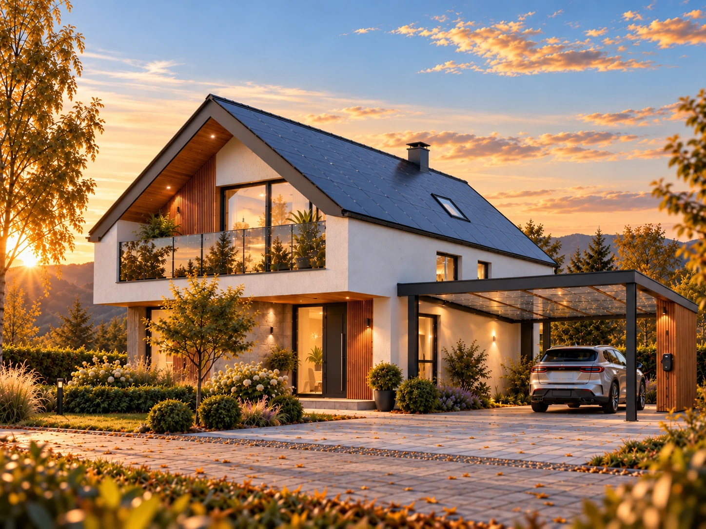 Casă contemporană cu acoperiș fotovoltaic integrat, balustradă vitrată și carport solar